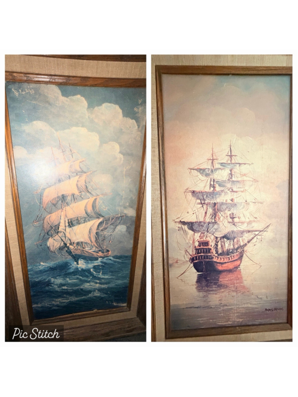 Vintage Andres Orpinas Framed Nautical Ship Prints – Set of 2 - 16x29